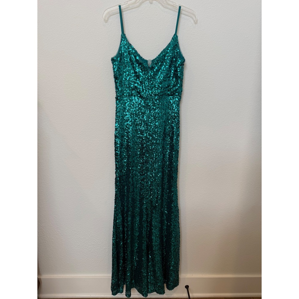 Morgan & Co Teal Sequin Mesh Corset Maxi Dress Formal Prom Gown Side Slit Size 5 - Picture 6 of 10